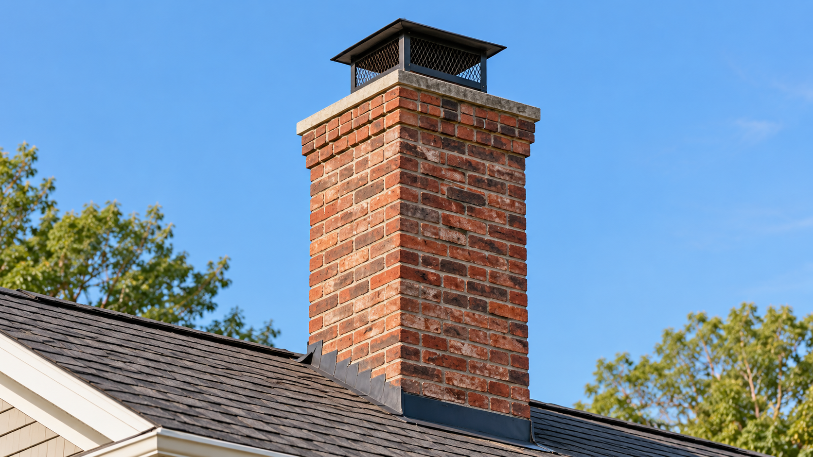 Illustrative brick chimney with a rain cap above a shingle roof