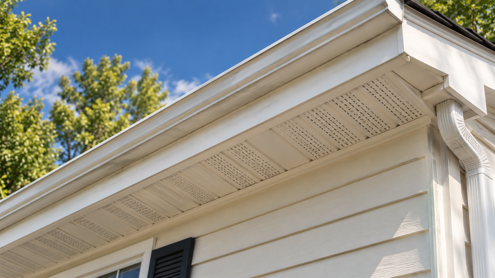 Can You Pressure Wash Soffits And Fascia? | Northern Virginia Power Washers Illustrative close-up of white soffit panels, fascia and gutter on a colonial-style home